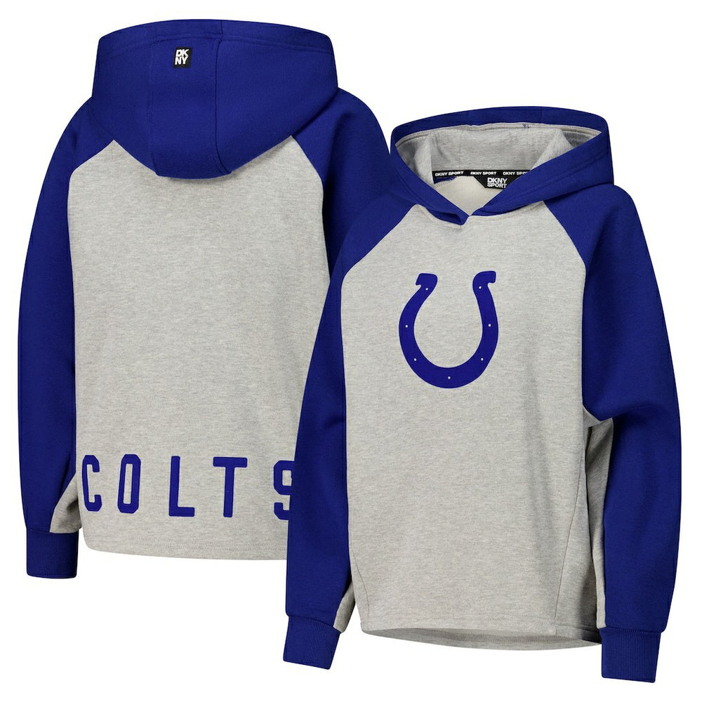 Indianapolis Colts DKNY Sport Women's Joy Cropped Raglan Pullover Hoodie - Gray/Royal | NFL