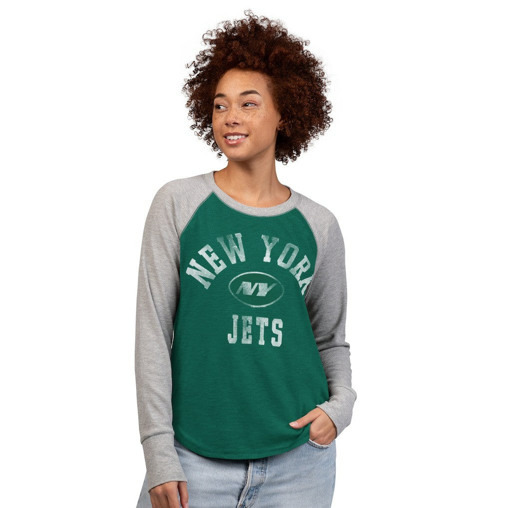 New York Jets G-III 4Her by Carl Banks Women's Waffle Knit Raglan Long Sleeve T-Shirt Green/Heather Gray | NFL