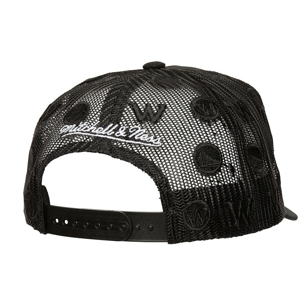 Golden State Warriors Monogram Allover Logo Mesh Trucker Adjustable Hat Black - NBA