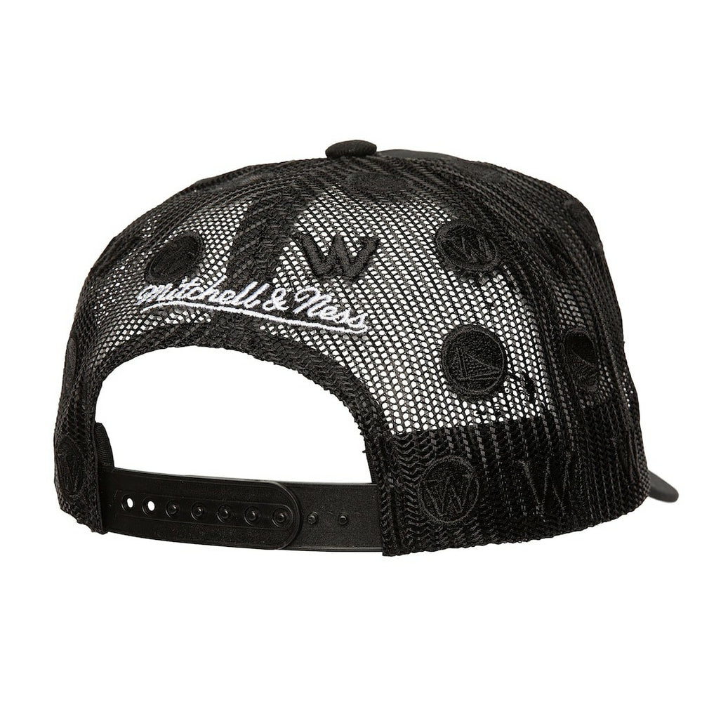 Golden State Warriors Monogram Allover Logo Mesh Trucker Adjustable Hat Black - NBA