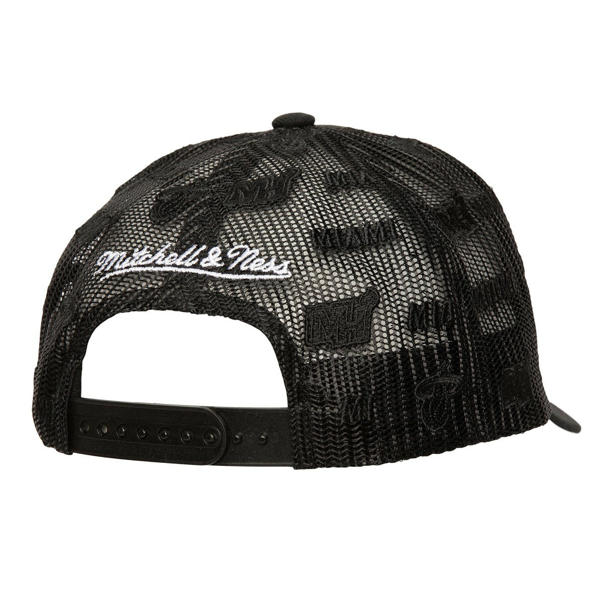 Miami Heat Monogram Allover Logo Mesh Trucker Adjustable Hat Black - NBA