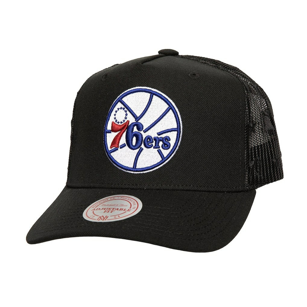Philadelphia 76ers Monogram Allover Logo Mesh Trucker Adjustable Hat Black - NBA