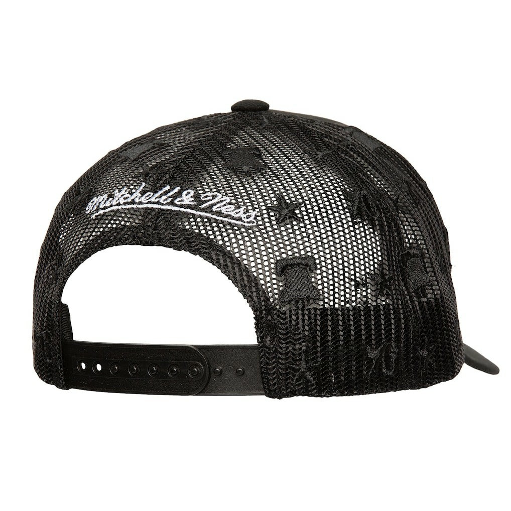 Philadelphia 76ers Monogram Allover Logo Mesh Trucker Adjustable Hat Black - NBA