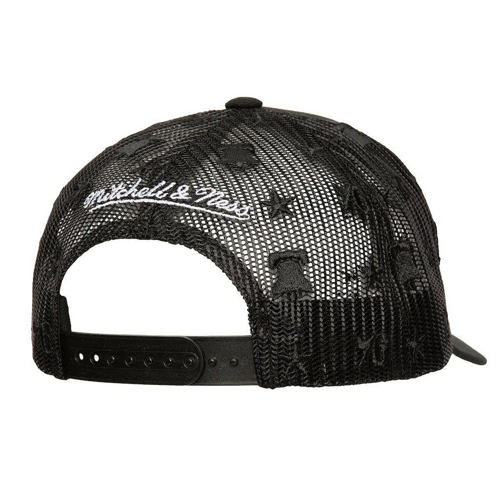 Philadelphia 76ers Monogram Allover Logo Mesh Trucker Adjustable Hat Black - NBA