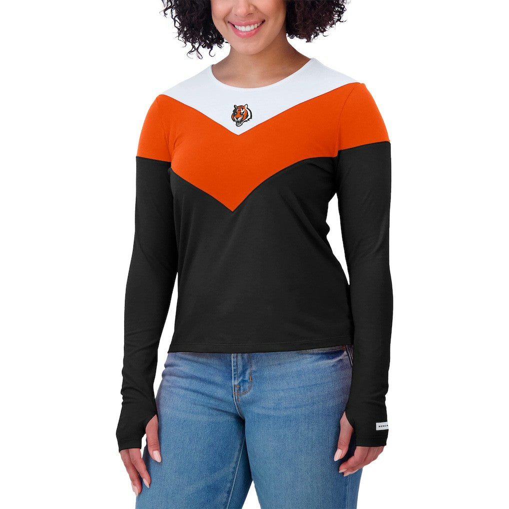 Cincinnati Bengals WEAR by Erin Andrews Women's Plus Size Chevron Tri-Blend Long Sleeve T-Shirt Black/Orange | NFL