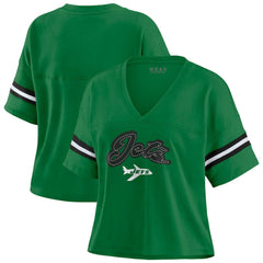New York Jets WEAR by Erin Andrews Women's Color Block Boxy V-Neck T-Shirt Kelly Green | NFL