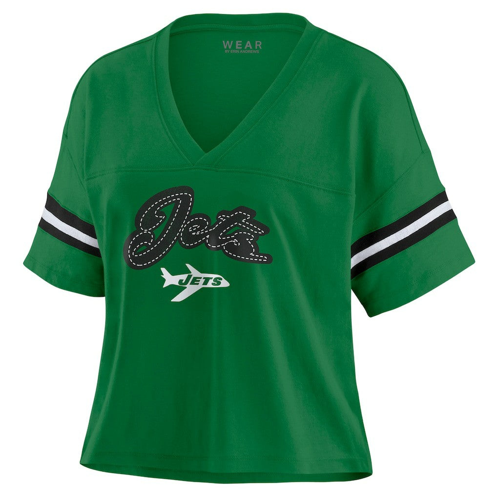 New York Jets WEAR by Erin Andrews Women's Color Block Boxy V-Neck T-Shirt Kelly Green | NFL