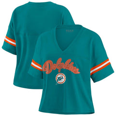 Miami Dolphins WEAR by Erin Andrews Women's Plus Size Color Block Boxy V-Neck T-Shirt Aqua | NFL