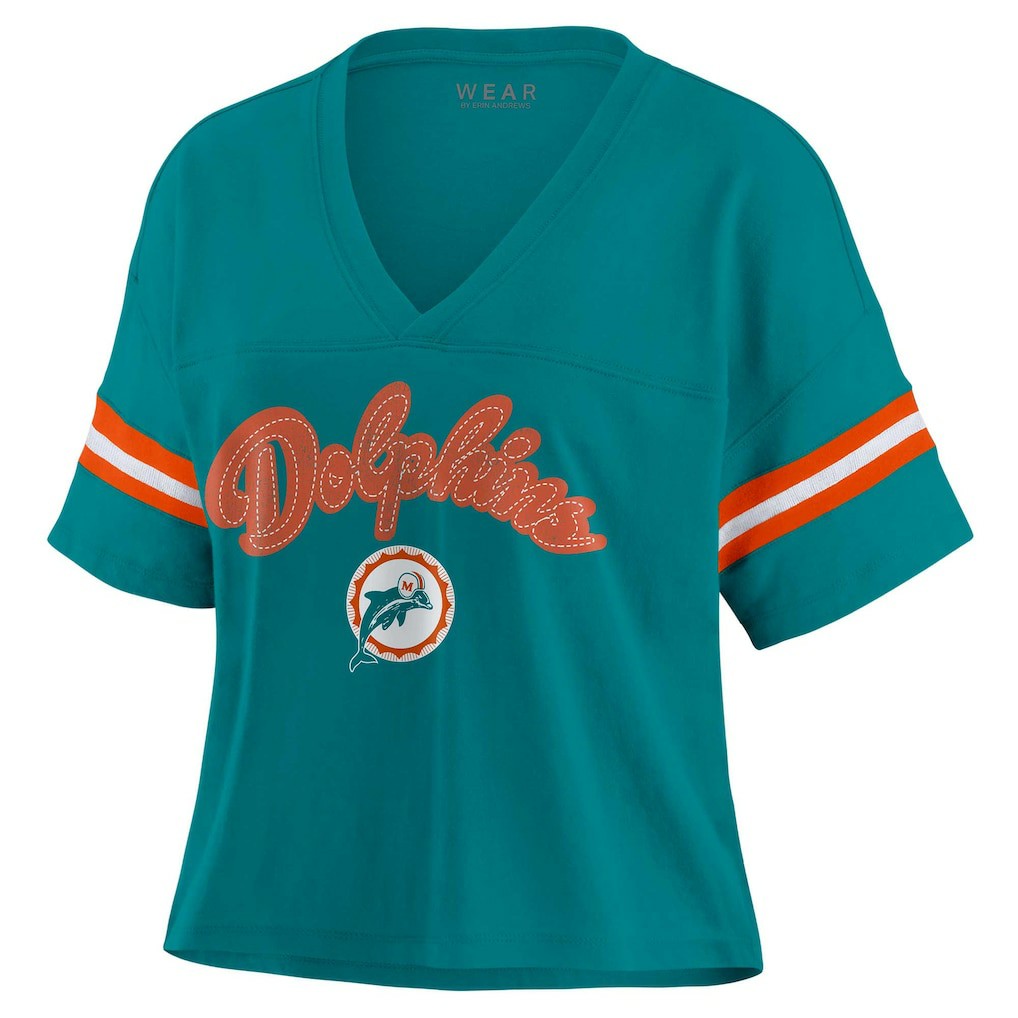 Miami Dolphins WEAR by Erin Andrews Women's Plus Size Color Block Boxy V-Neck T-Shirt Aqua | NFL