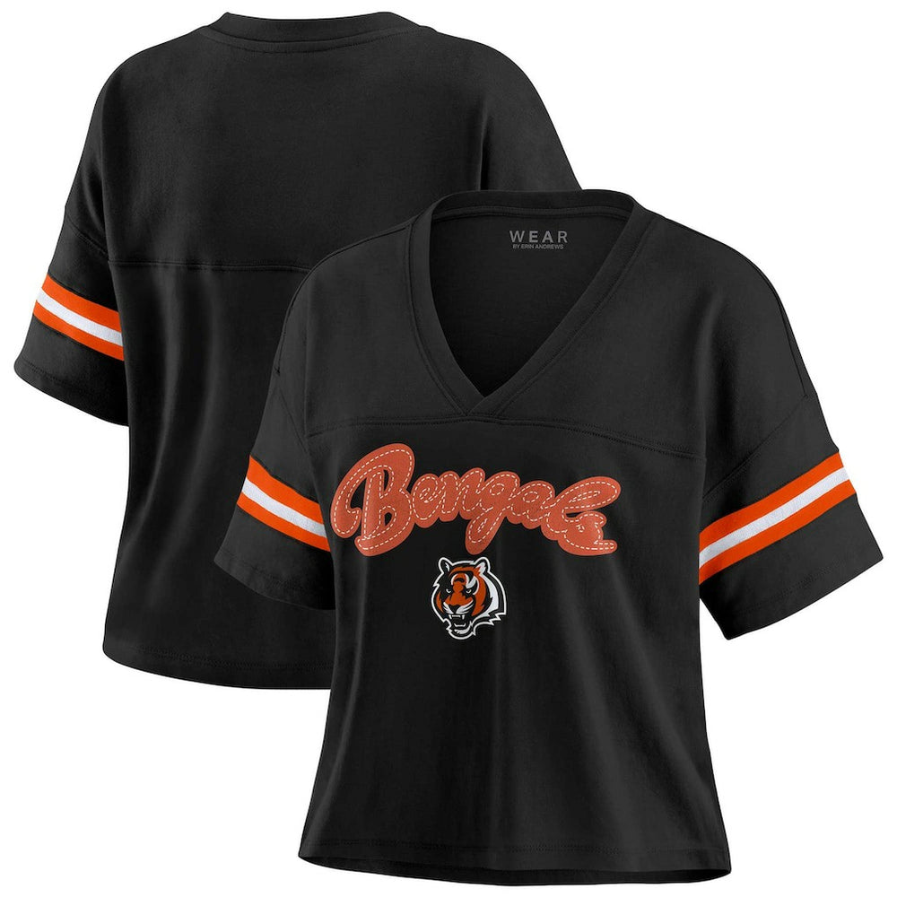 Cincinnati Bengals WEAR by Erin Andrews Women's Plus Size Color Block Boxy V-Neck T-Shirt Black | NFL