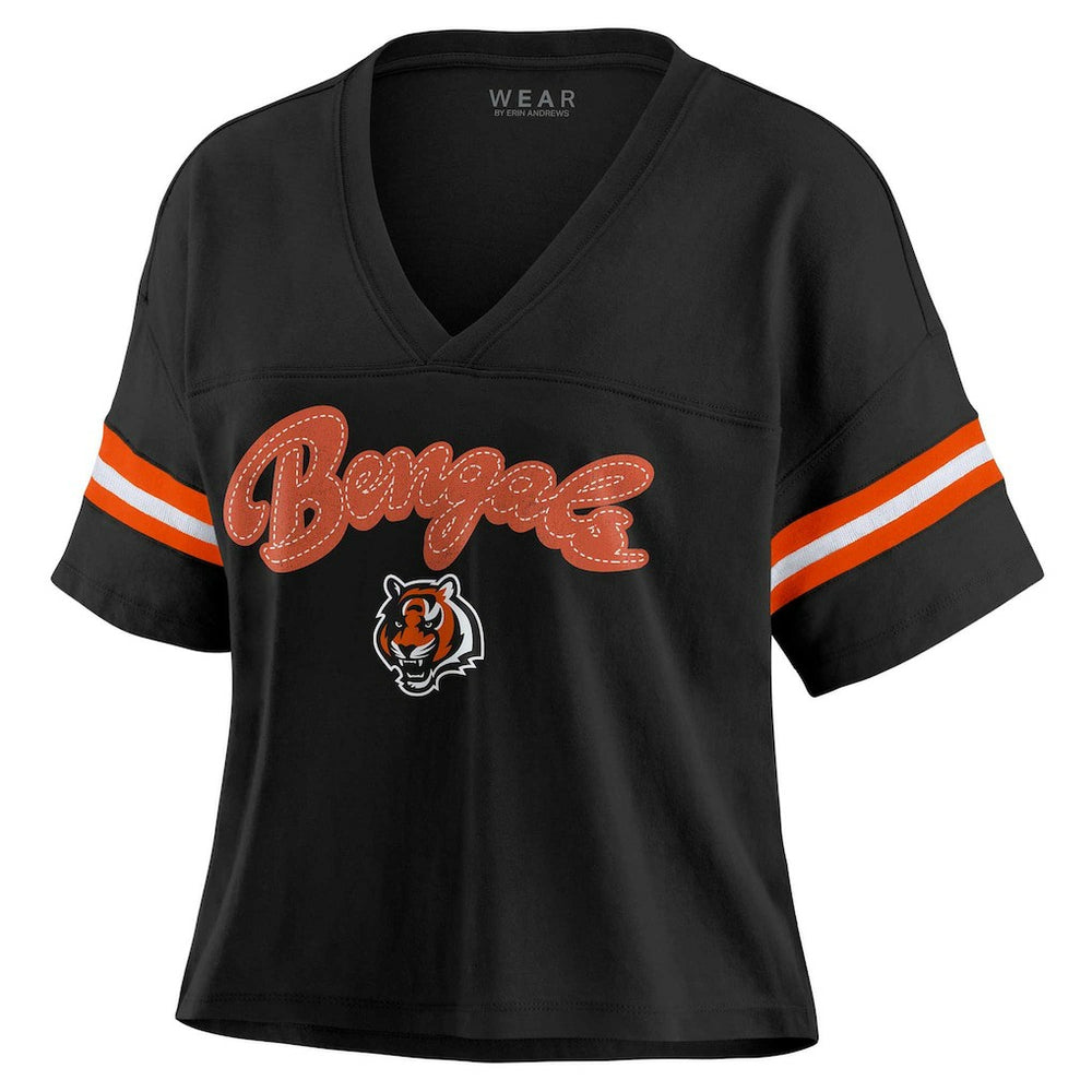 Cincinnati Bengals WEAR by Erin Andrews Women's Plus Size Color Block Boxy V-Neck T-Shirt Black | NFL