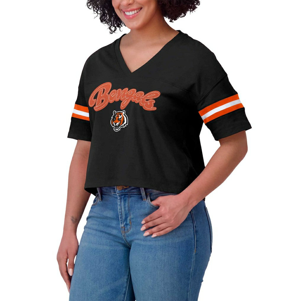 Cincinnati Bengals WEAR by Erin Andrews Women's Plus Size Color Block Boxy V-Neck T-Shirt Black | NFL