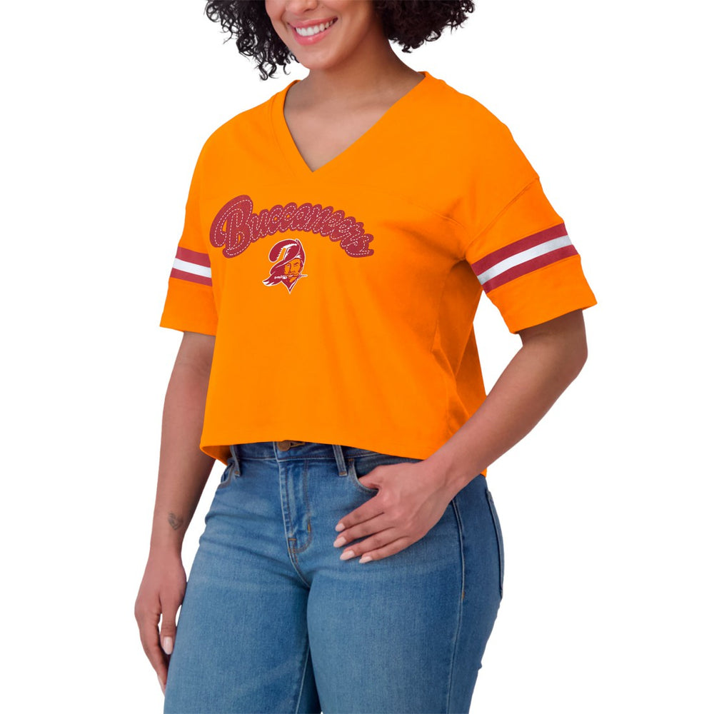 Tampa Bay Buccaneers WEAR by Erin Andrews Women's Plus Size Color Block Boxy V-Neck T-Shirt Pewter | NFL