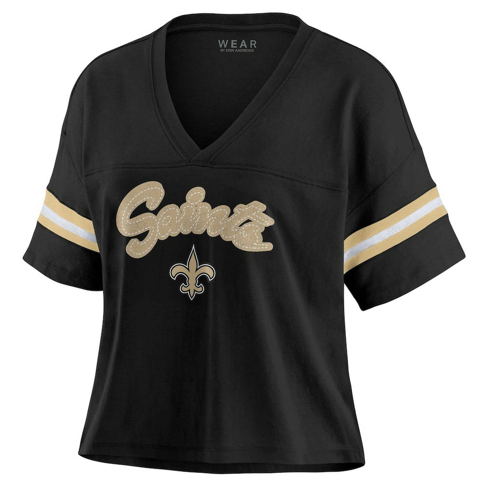 New Orleans Saints WEAR by Erin Andrews Women's Plus Size Color Block Boxy V-Neck T-Shirt Black | NFL