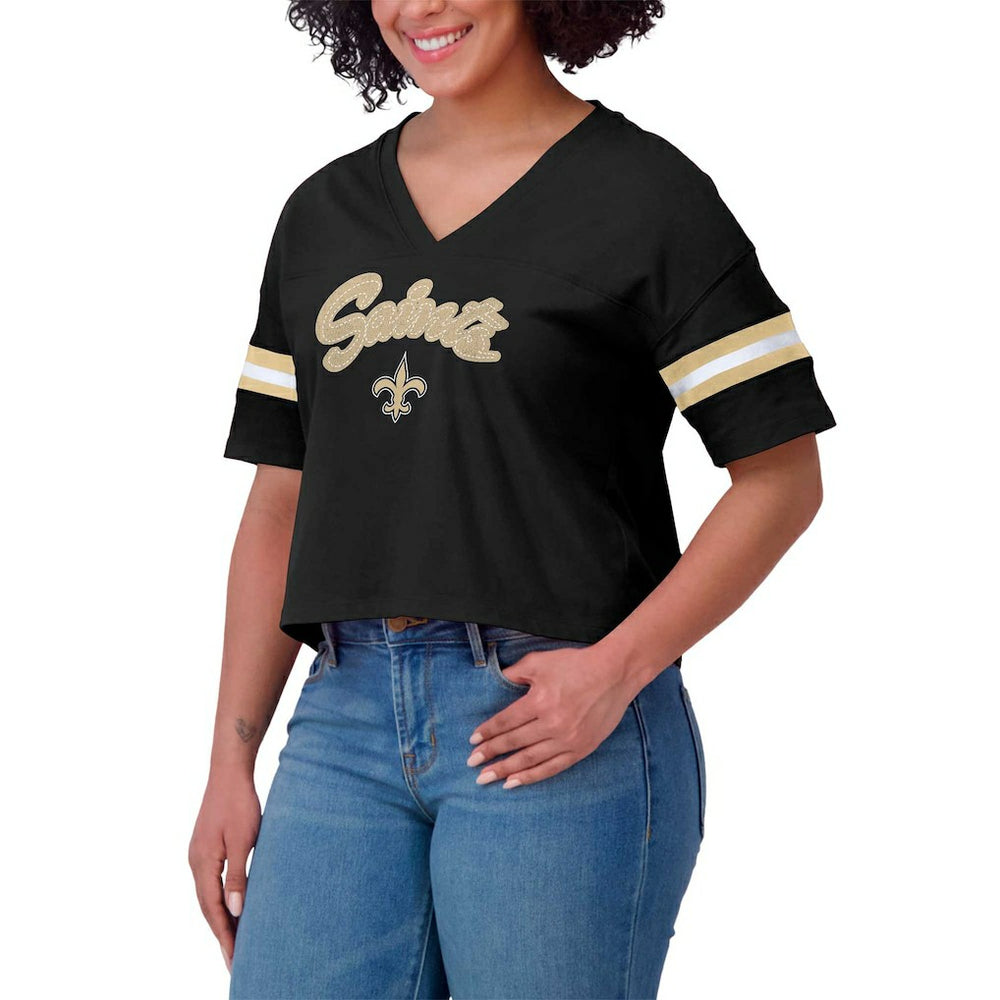 New Orleans Saints WEAR by Erin Andrews Women's Plus Size Color Block Boxy V-Neck T-Shirt Black | NFL