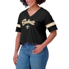 New Orleans Saints WEAR by Erin Andrews Women's Plus Size Color Block Boxy V-Neck T-Shirt Black | NFL