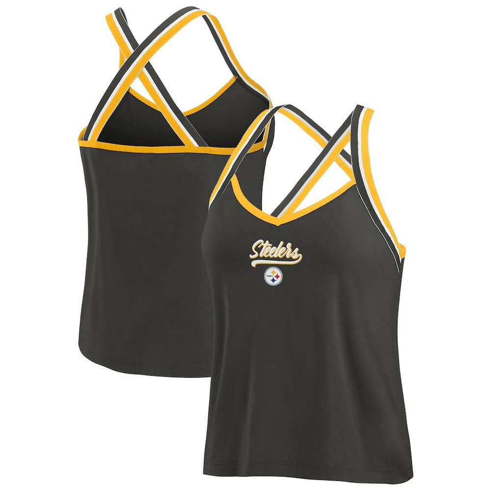 Pittsburgh Steelers WEAR by Erin Andrews Women's Cross Strap Tri-Blend Tank Top Black | NFL