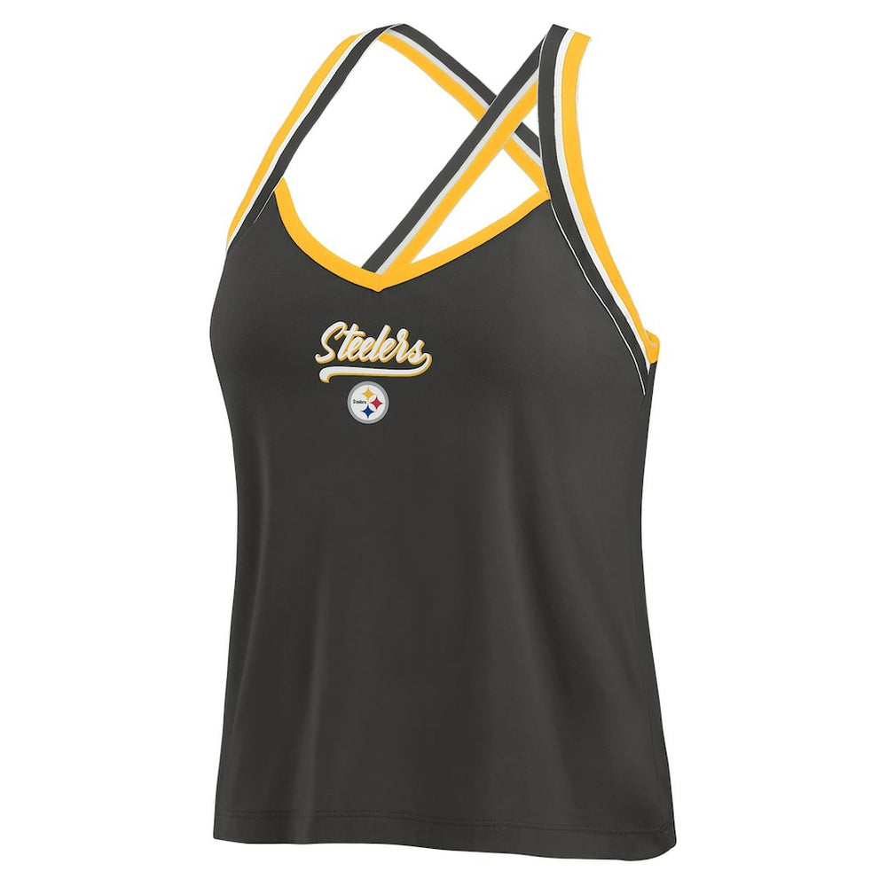 Pittsburgh Steelers WEAR by Erin Andrews Women's Cross Strap Tri-Blend Tank Top Black | NFL