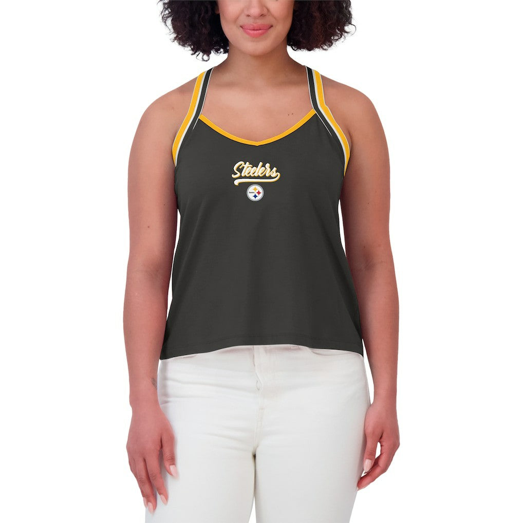 Pittsburgh Steelers WEAR by Erin Andrews Women's Cross Strap Tri-Blend Tank Top Black | NFL