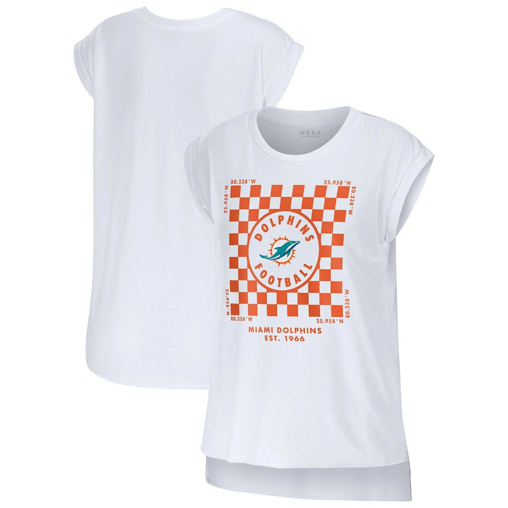 Miami Dolphins WEAR by Erin Andrews Women's Checker Muscle Tank Top White | NFL