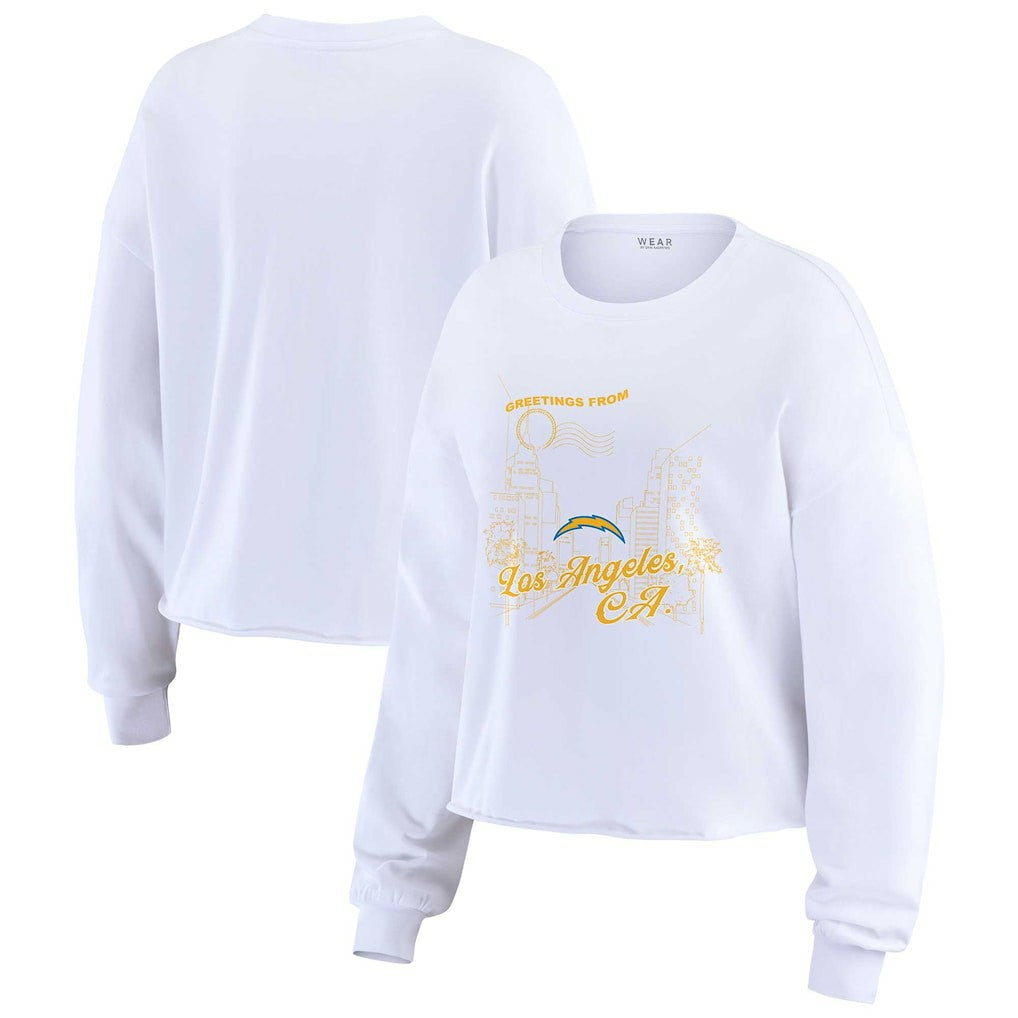 Los Angeles Chargers WEAR by Erin Andrews Women's Postcard Cropped Long Sleeve Top White | NFL