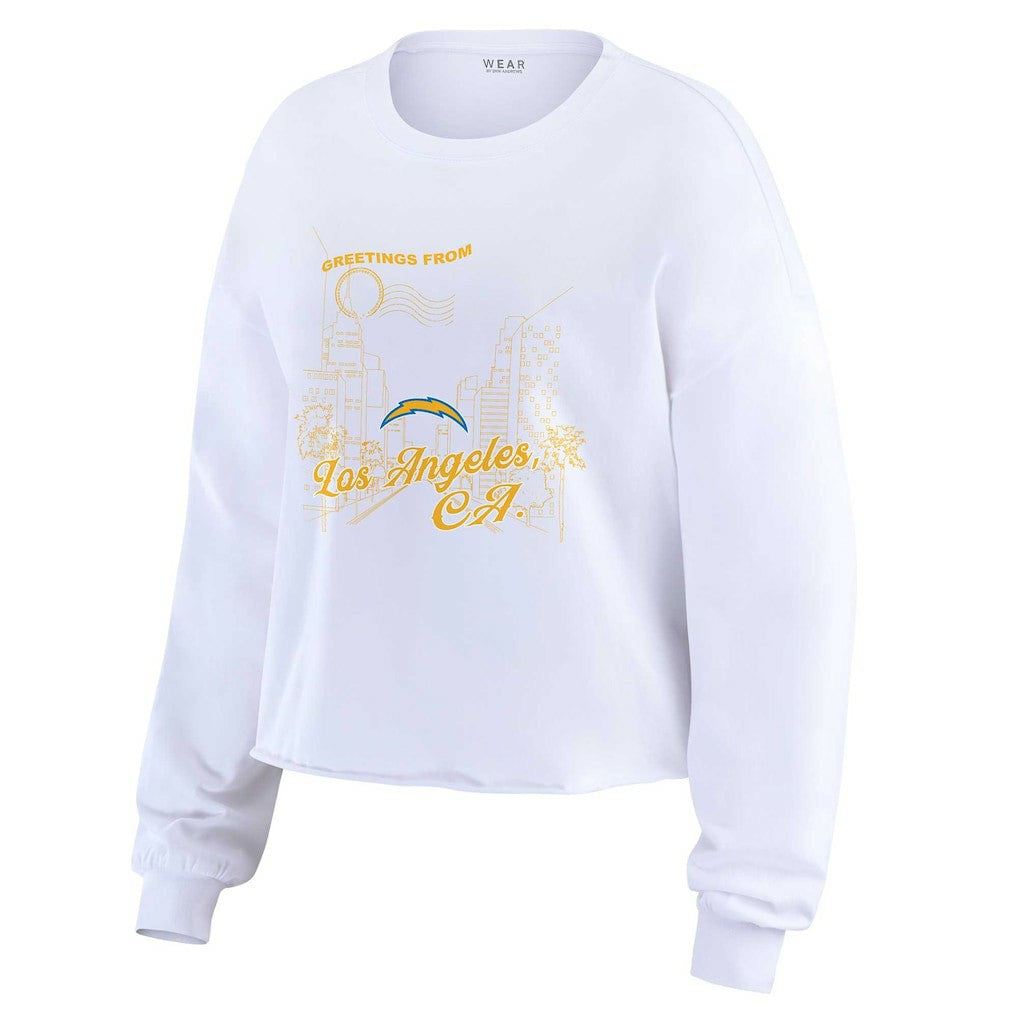 Los Angeles Chargers WEAR by Erin Andrews Women's Postcard Cropped Long Sleeve Top White | NFL