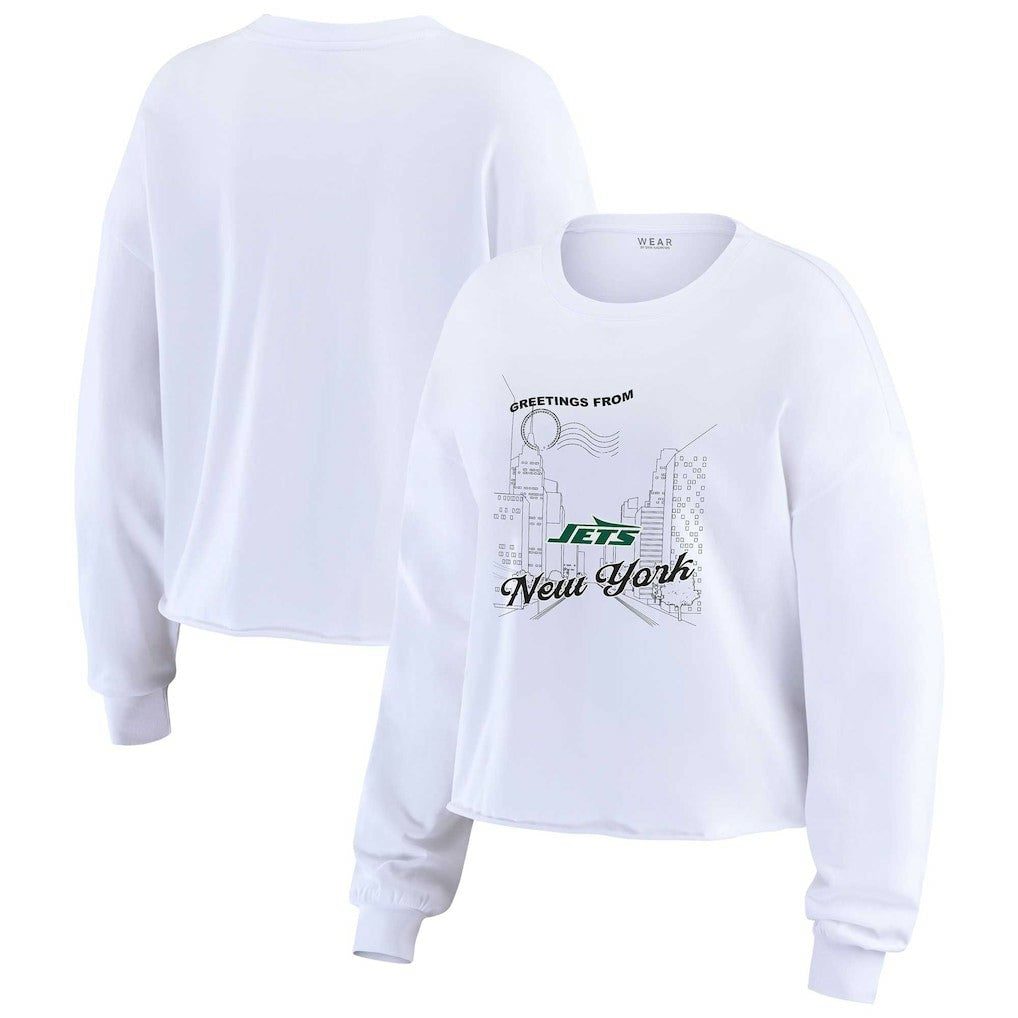 New York Jets WEAR by Erin Andrews Women's Postcard Cropped Long Sleeve Top White | NFL