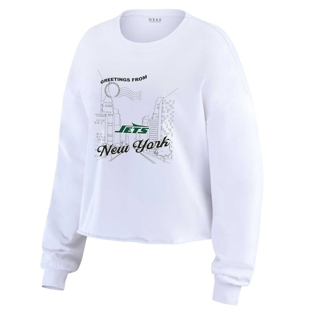 New York Jets WEAR by Erin Andrews Women's Postcard Cropped Long Sleeve Top White | NFL