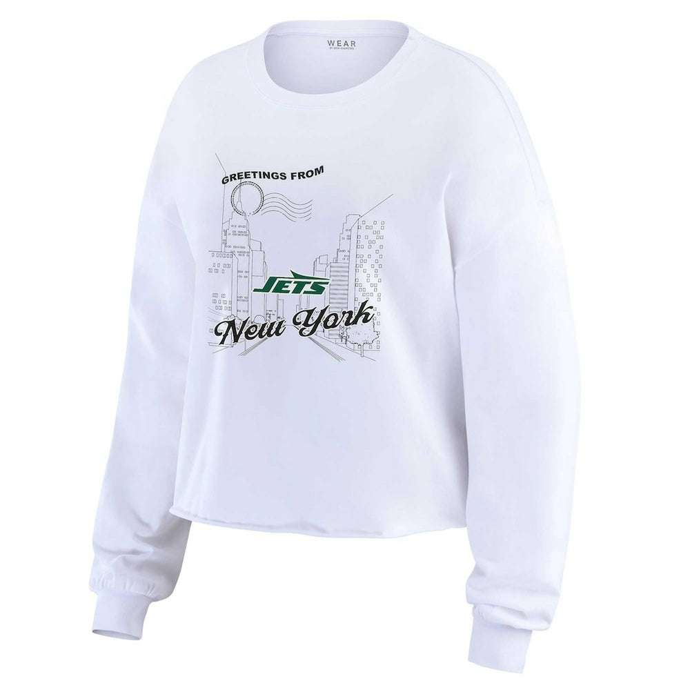 New York Jets WEAR by Erin Andrews Women's Postcard Cropped Long Sleeve Top White | NFL