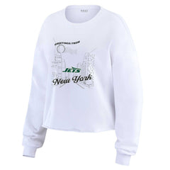 New York Jets WEAR by Erin Andrews Women's Postcard Cropped Long Sleeve Top White | NFL