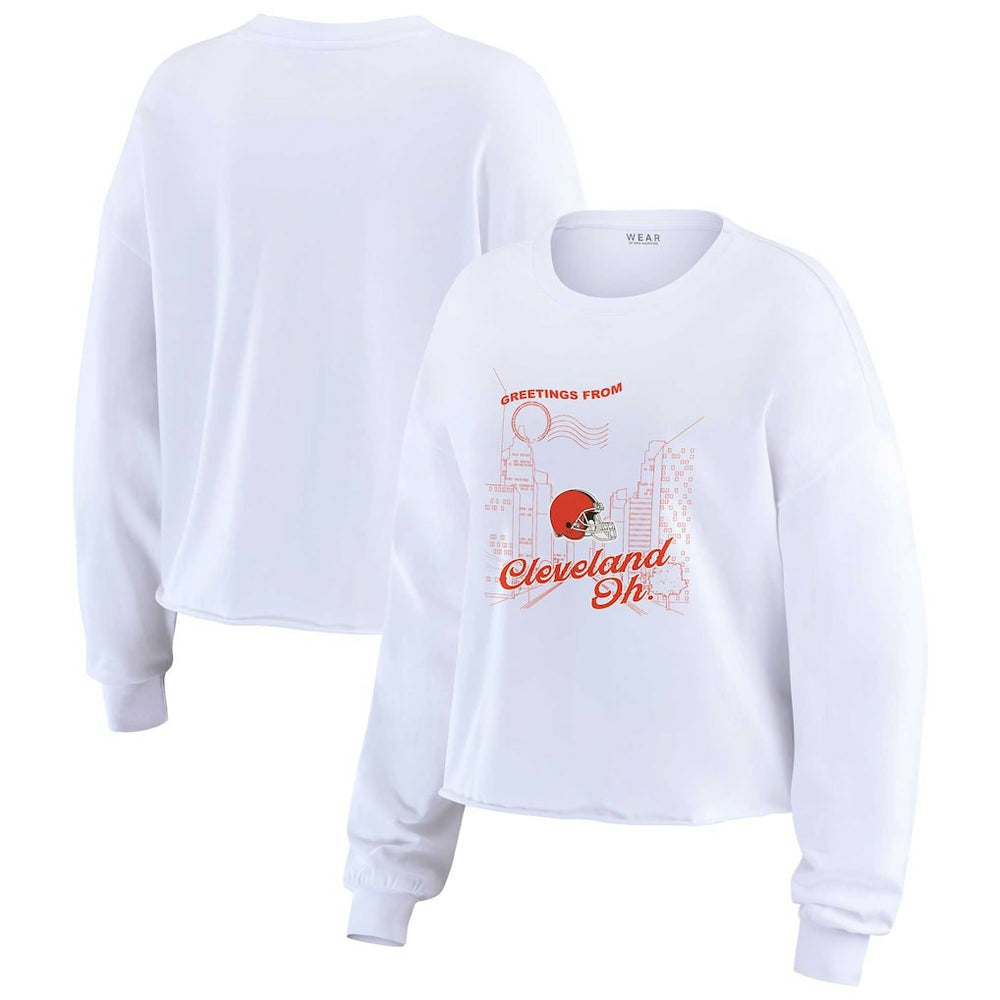 Cleveland Browns WEAR by Erin Andrews Women's Postcard Cropped Long Sleeve Top White | NFL