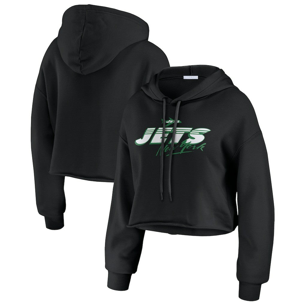 New York Jets WEAR by Erin Andrews Women's Prime Cropped Pullover Hoodie Black | NFL