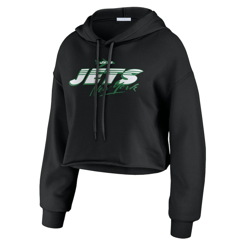 New York Jets WEAR by Erin Andrews Women's Prime Cropped Pullover Hoodie Black | NFL