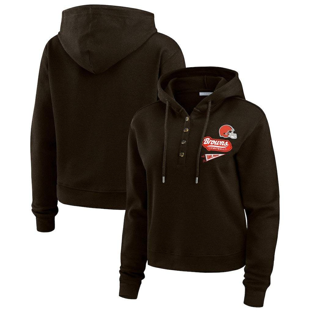 Cleveland Browns WEAR by Erin Andrews Women's Waffle-Knit Pullover Hoodie Brown | NFL