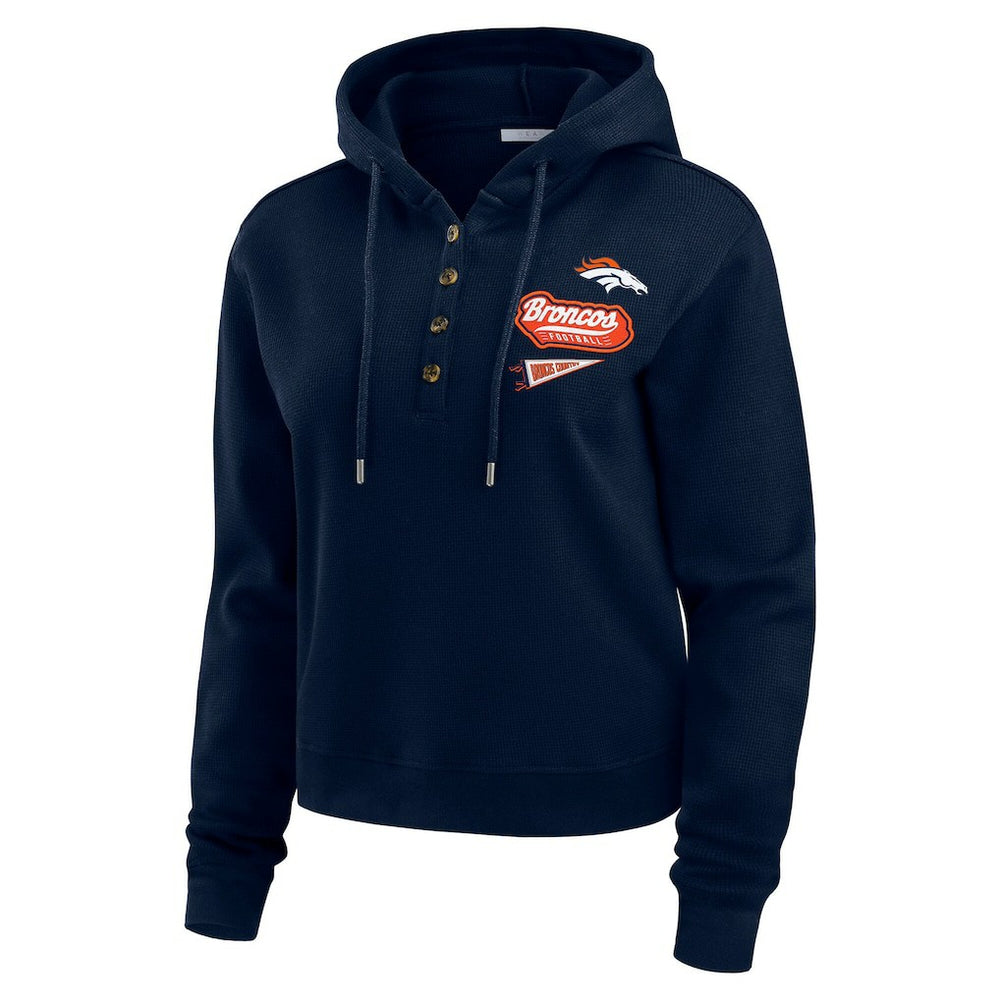 Denver Broncos WEAR by Erin Andrews Women's Waffle-Knit Pullover Hoodie Navy | NFL