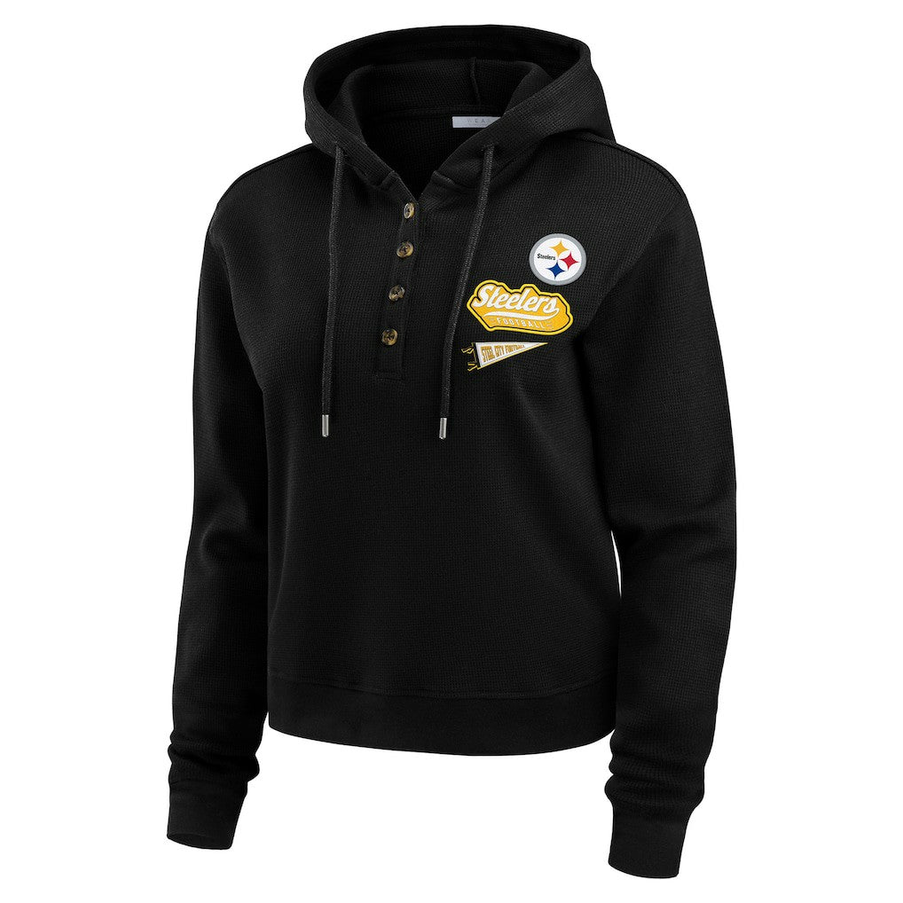 Pittsburgh Steelers WEAR by Erin Andrews Women's Waffle-Knit Pullover Hoodie Black | NFL