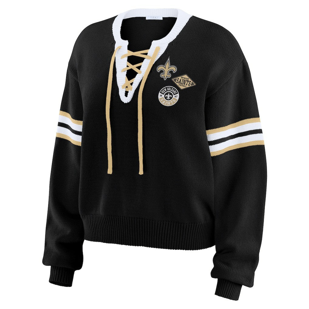 New Orleans Saints WEAR by Erin Andrews Women's Lace-Up Sweater Black | NFL