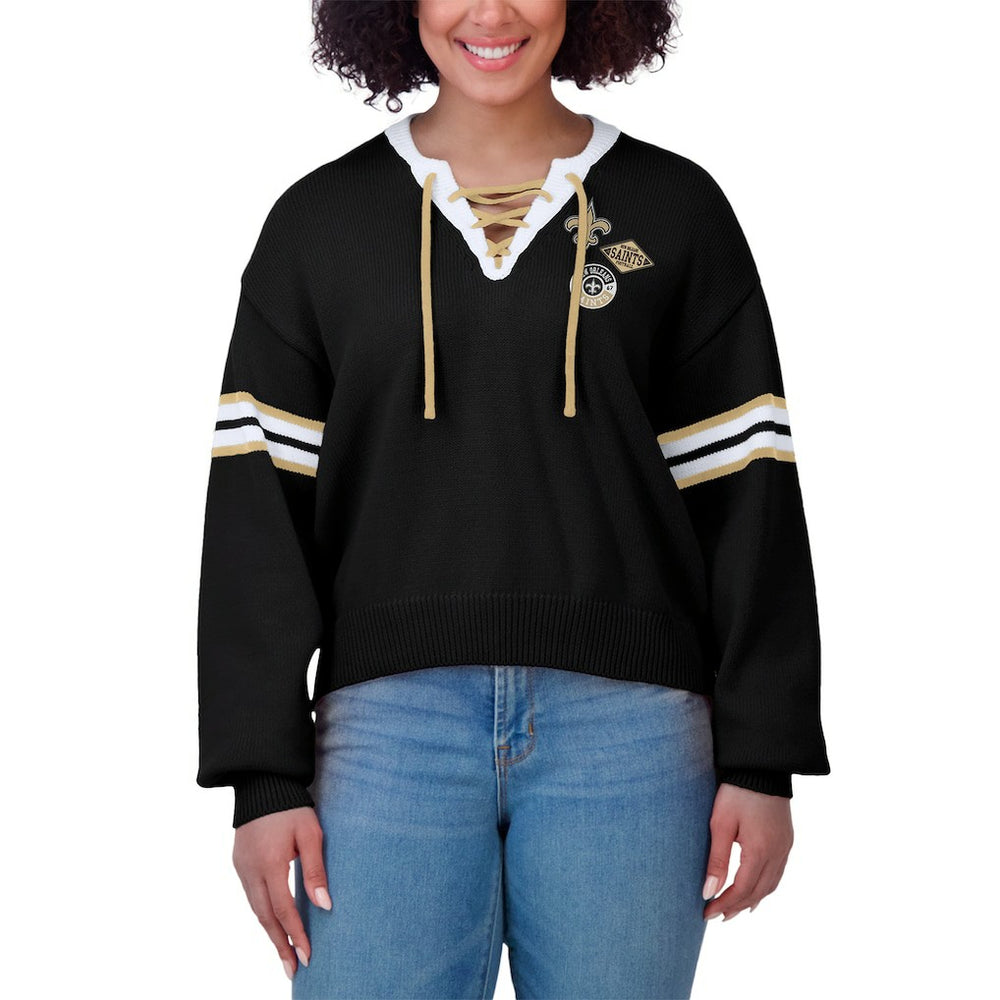 New Orleans Saints WEAR by Erin Andrews Women's Lace-Up Sweater Black | NFL