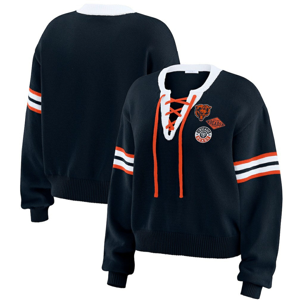 Chicago Bears WEAR by Erin Andrews Women's Lace-Up Sweater Navy | NFL