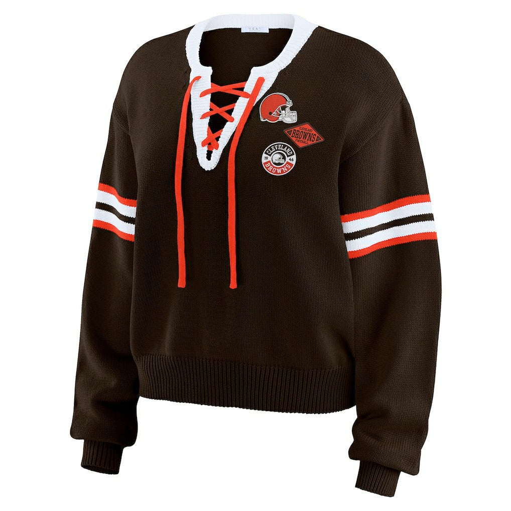 Cleveland Browns WEAR by Erin Andrews Women's Lace-Up Sweater Brown | NFL