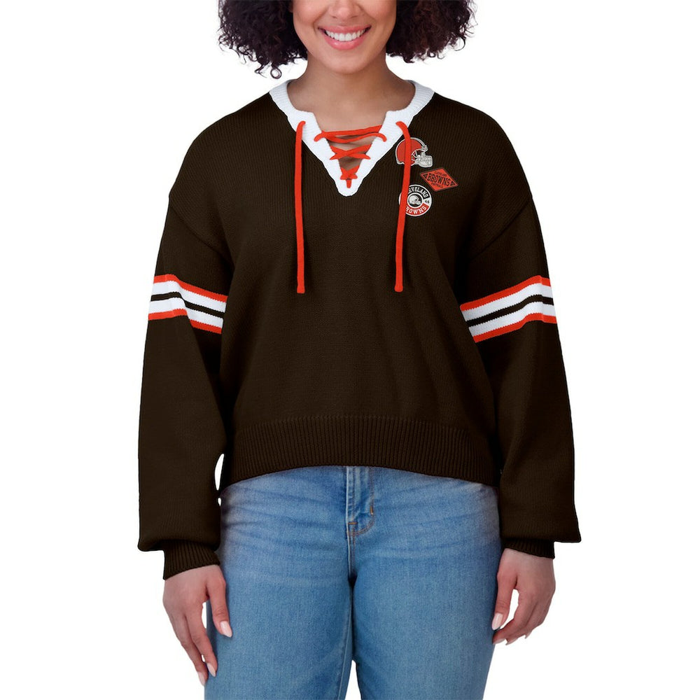 Cleveland Browns WEAR by Erin Andrews Women's Lace-Up Sweater Brown | NFL