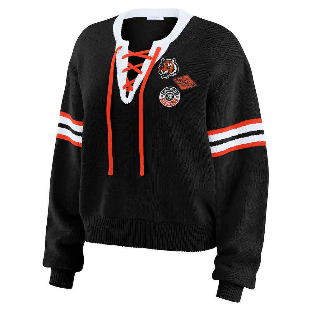 Cincinnati Bengals WEAR by Erin Andrews Women's Lace-Up Sweater Black | NFL