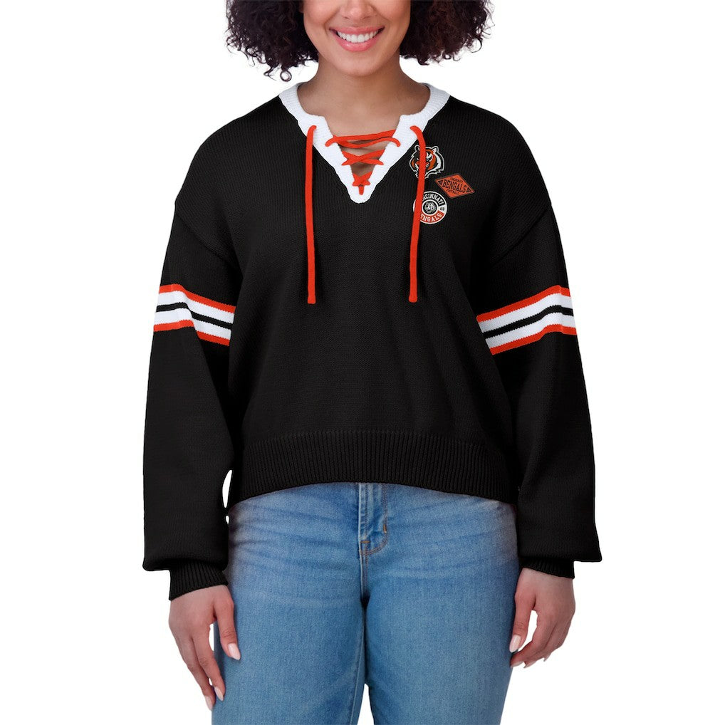 Cincinnati Bengals WEAR by Erin Andrews Women's Lace-Up Sweater Black | NFL