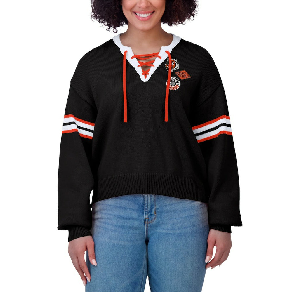Cincinnati Bengals WEAR by Erin Andrews Women's Lace-Up Sweater Black | NFL