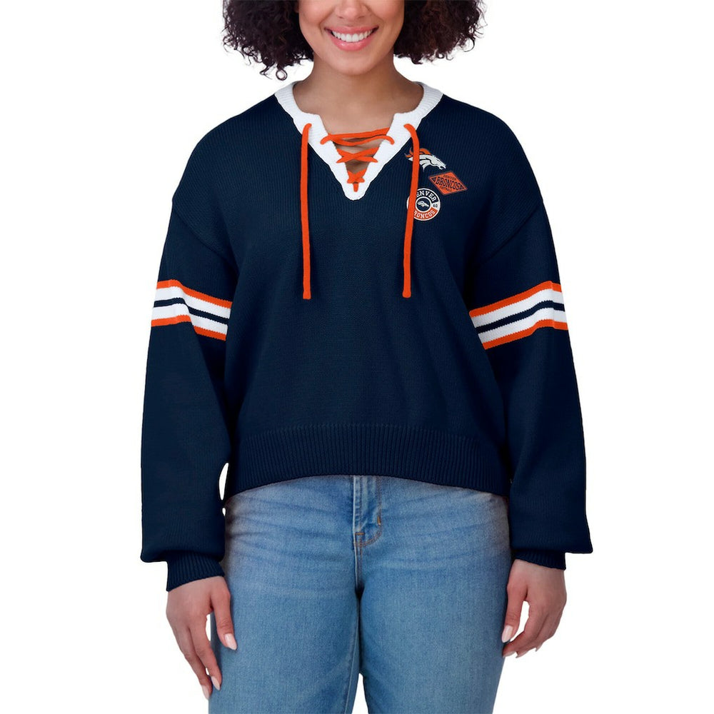 Denver Broncos WEAR by Erin Andrews Women's Lace-Up Sweater Navy | NFL