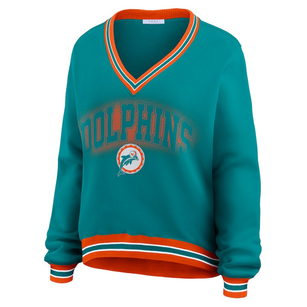 Miami Dolphins WEAR by Erin Andrews Women's Oversized Long Sleeve V-Neck Sweatshirt Aqua | NFL