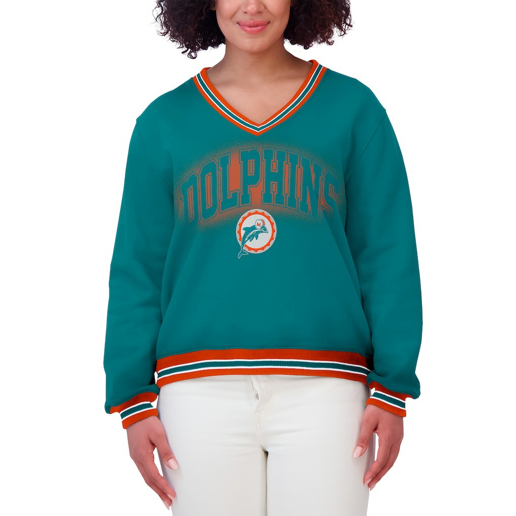 Miami Dolphins WEAR by Erin Andrews Women's Oversized Long Sleeve V-Neck Sweatshirt Aqua | NFL