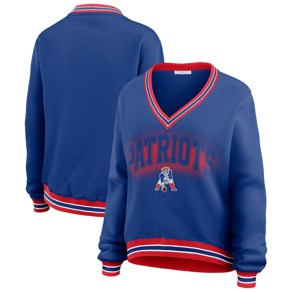 New England Patriots WEAR by Erin Andrews Women's Oversized Long Sleeve V-Neck Sweatshirt Navy | NFL