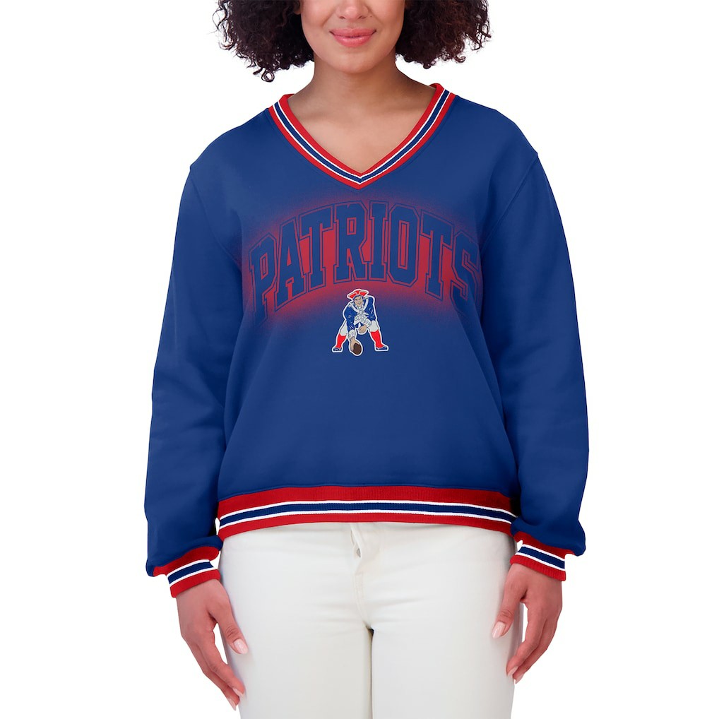 New England Patriots WEAR by Erin Andrews Women's Oversized Long Sleeve V-Neck Sweatshirt Navy | NFL
