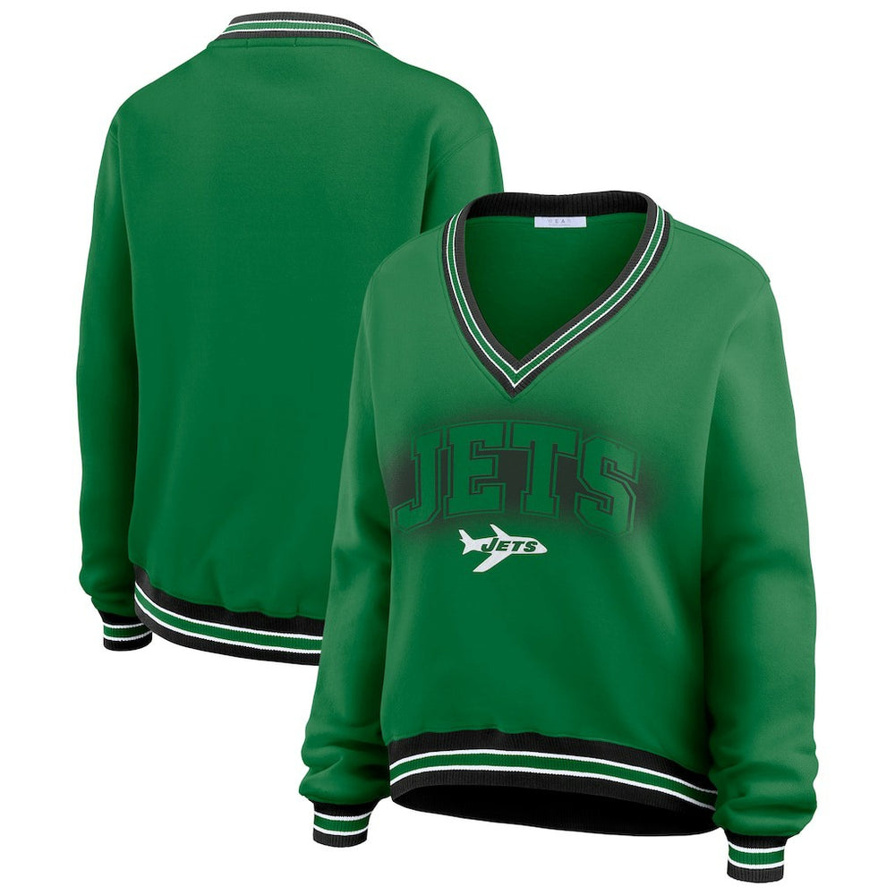 New York Jets WEAR by Erin Andrews Women's Oversized Long Sleeve V-Neck Sweatshirt Green | NFL